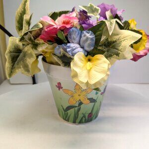 Spring Flower & ivy Arrangement in floral plastic pot w bumble bee